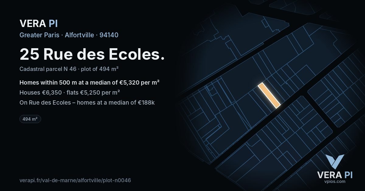 25 Rue des Ecoles, Alfortville at night – the plot lit, the parcels around coloured by the prices near them