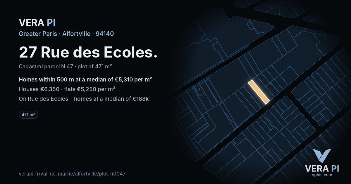 27 Rue des Ecoles, Alfortville at night – the plot lit, the parcels around coloured by the prices near them