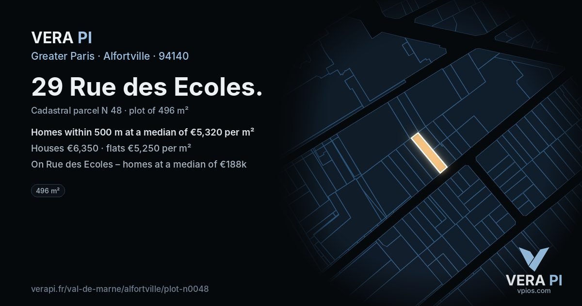 29 Rue des Ecoles, Alfortville at night – the plot lit, the parcels around coloured by the prices near them