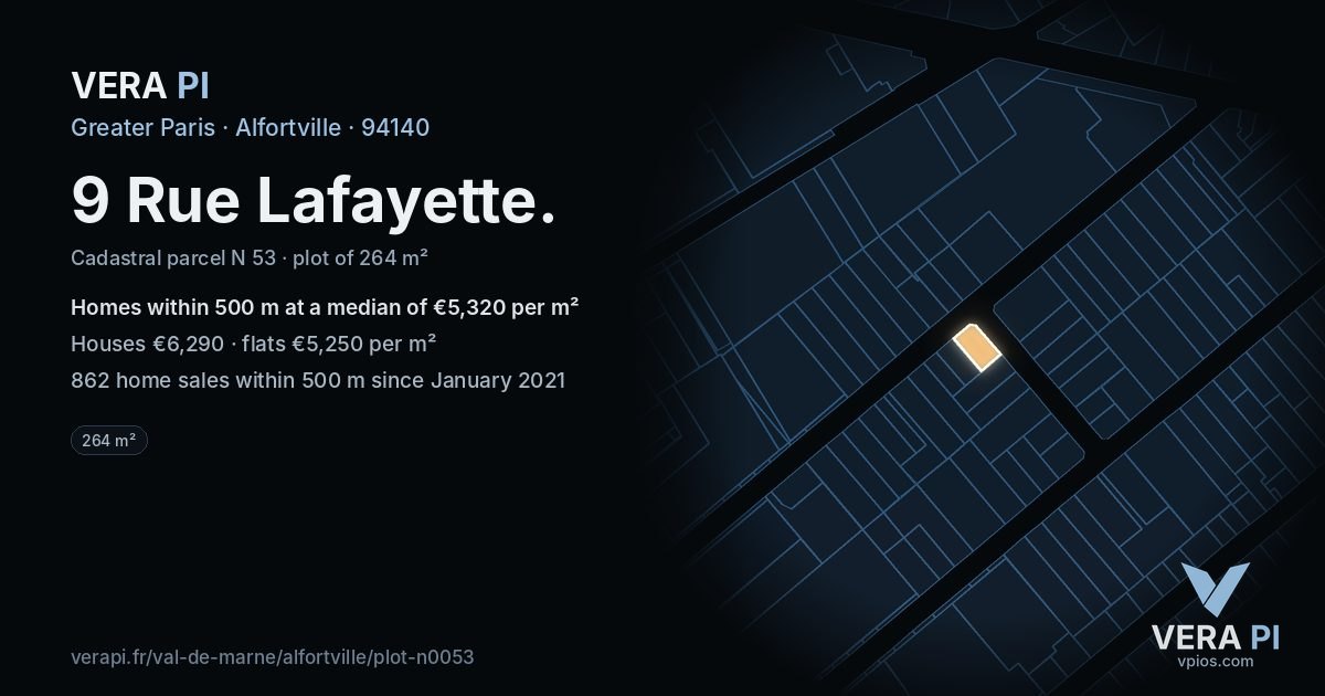 9 Rue Lafayette, Alfortville at night – the plot lit, the parcels around coloured by the prices near them