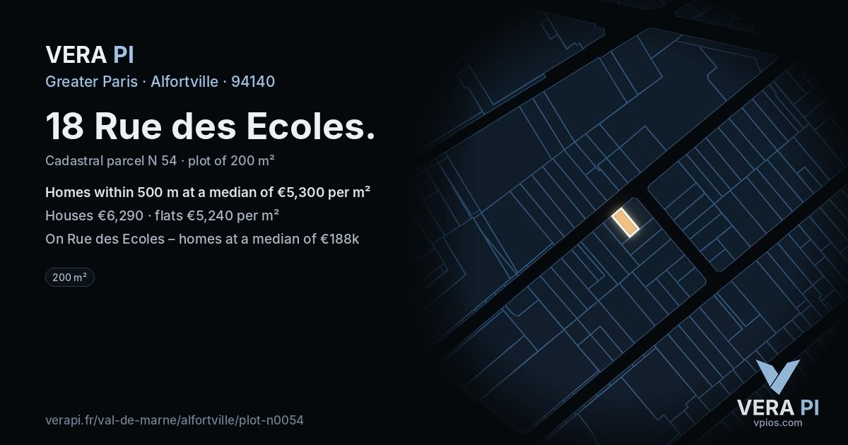 18 Rue des Ecoles, Alfortville at night – the plot lit, the parcels around coloured by the prices near them
