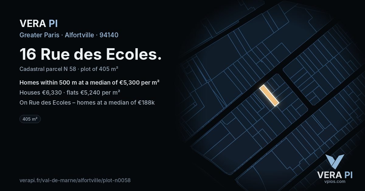 16 Rue des Ecoles, Alfortville at night – the plot lit, the parcels around coloured by the prices near them