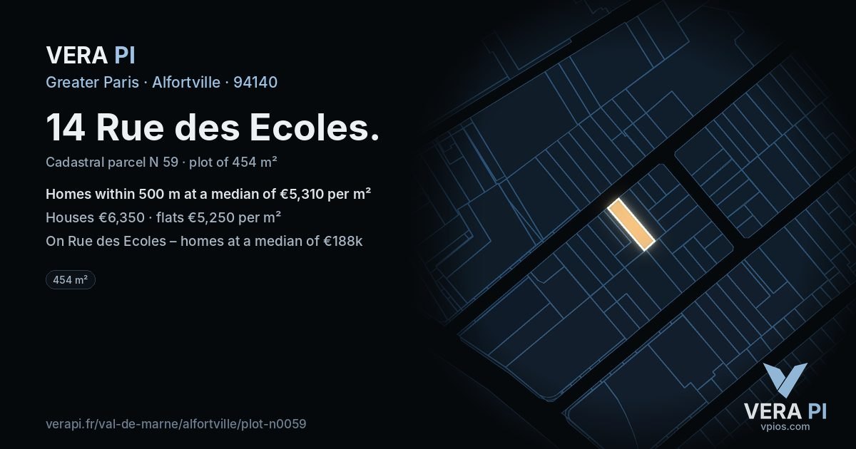 14 Rue des Ecoles, Alfortville at night – the plot lit, the parcels around coloured by the prices near them