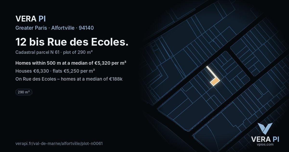 12 bis Rue des Ecoles, Alfortville at night – the plot lit, the parcels around coloured by the prices near them