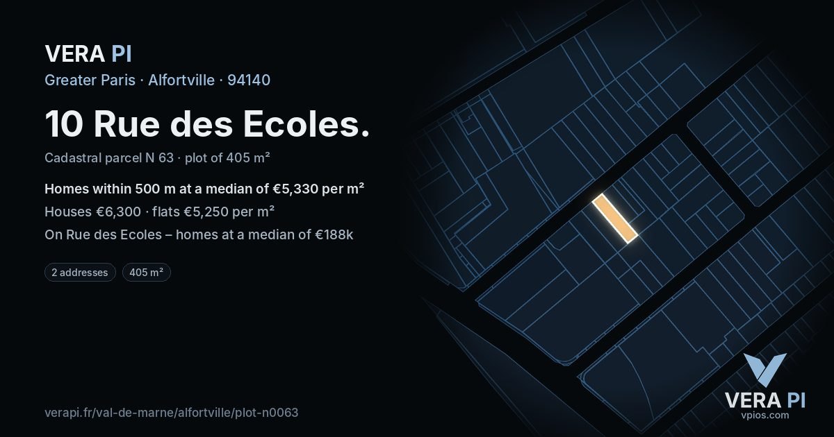 10 Rue des Ecoles, Alfortville at night – the plot lit, the parcels around coloured by the prices near them
