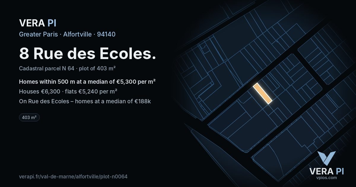 8 Rue des Ecoles, Alfortville at night – the plot lit, the parcels around coloured by the prices near them