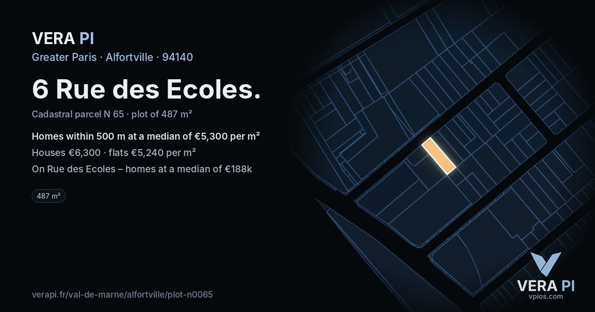6 Rue des Ecoles, Alfortville at night – the plot lit, the parcels around coloured by the prices near them