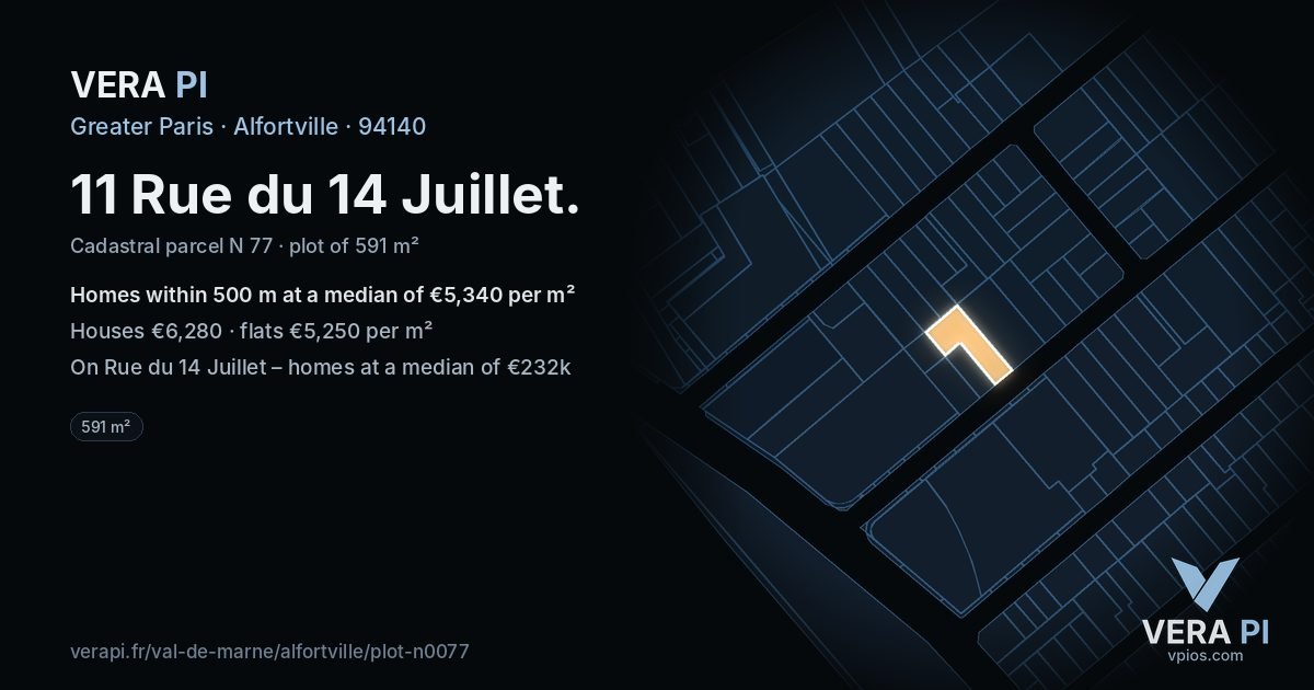 11 Rue du 14 Juillet, Alfortville at night – the plot lit, the parcels around coloured by the prices near them