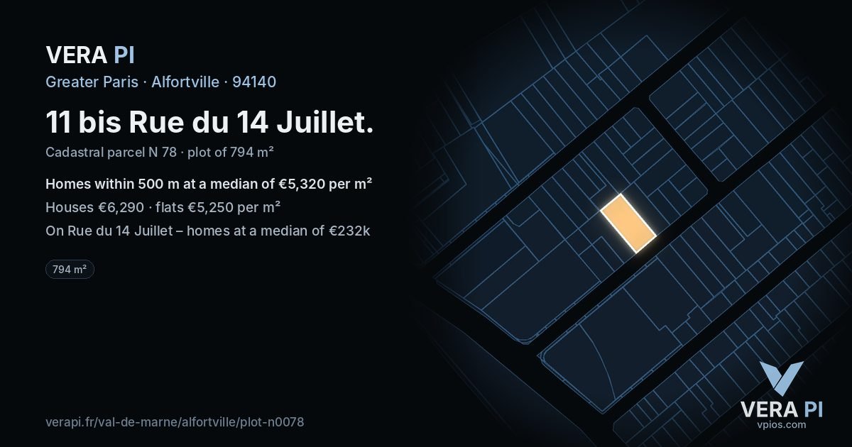 11 bis Rue du 14 Juillet, Alfortville at night – the plot lit, the parcels around coloured by the prices near them