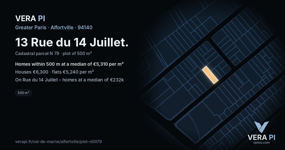 13 Rue du 14 Juillet, Alfortville at night – the plot lit, the parcels around coloured by the prices near them