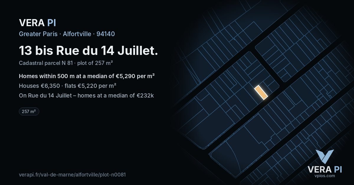 13 bis Rue du 14 Juillet, Alfortville at night – the plot lit, the parcels around coloured by the prices near them
