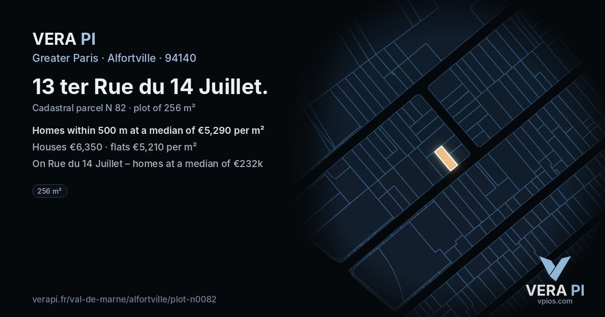 13 ter Rue du 14 Juillet, Alfortville at night – the plot lit, the parcels around coloured by the prices near them