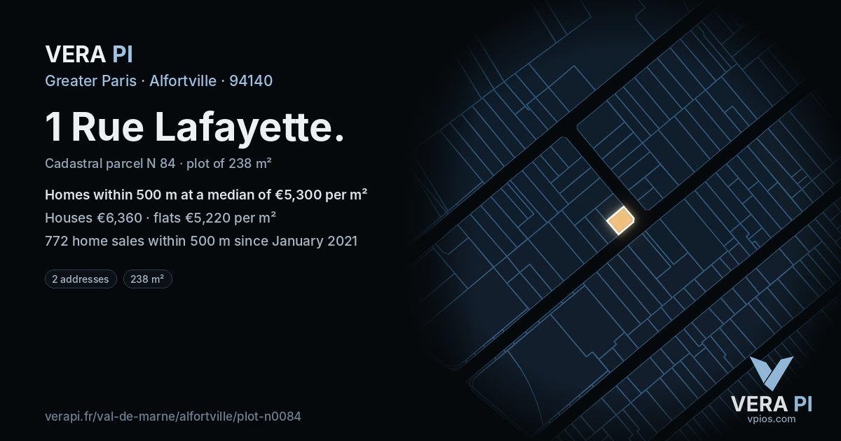 1 Rue Lafayette, Alfortville at night – the plot lit, the parcels around coloured by the prices near them