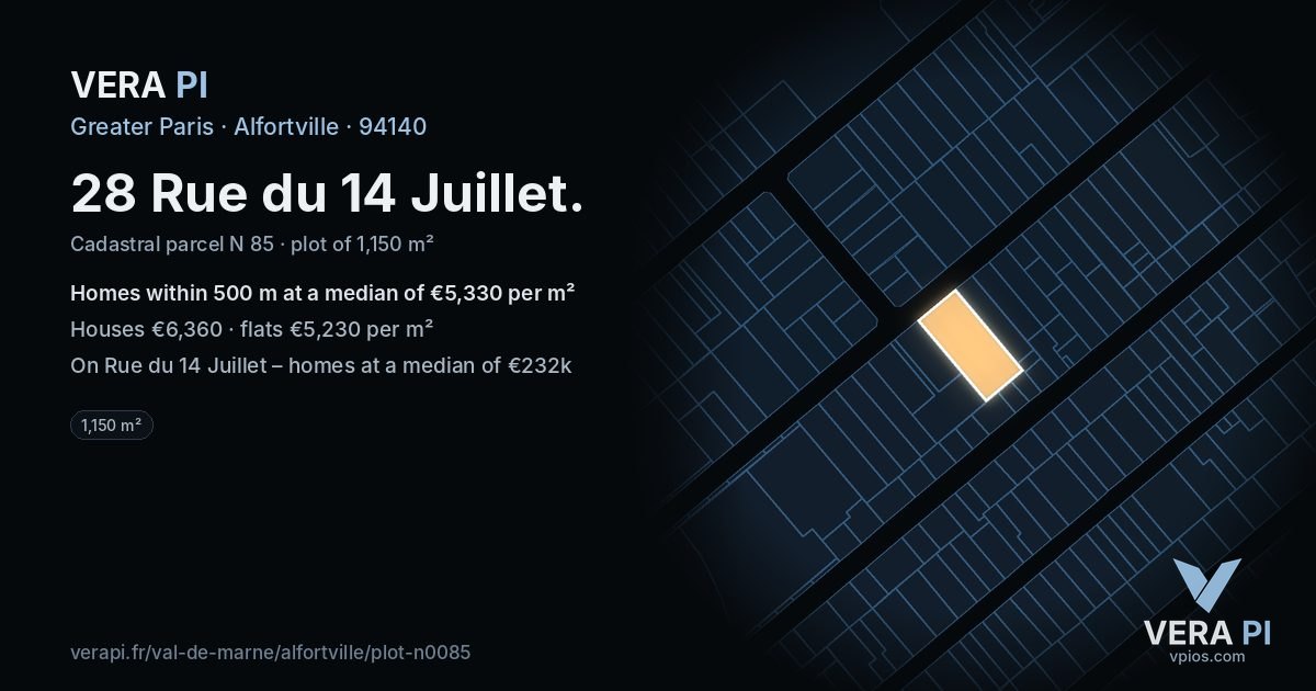 28 Rue du 14 Juillet, Alfortville at night – the plot lit, the parcels around coloured by the prices near them