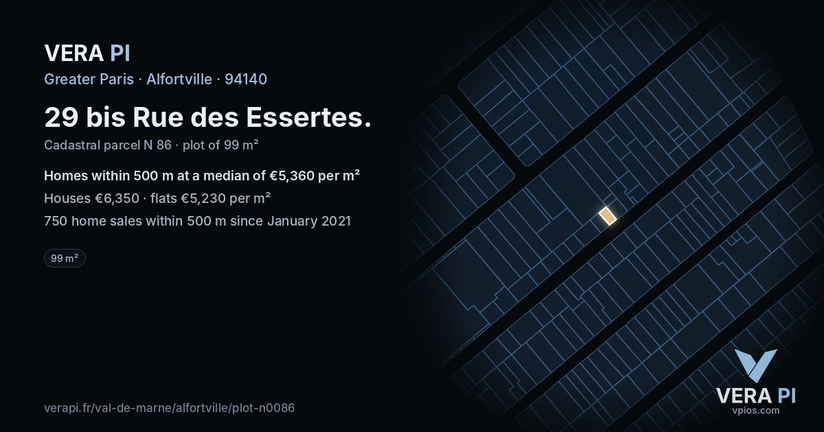 29 bis Rue des Essertes, Alfortville at night – the plot lit, the parcels around coloured by the prices near them