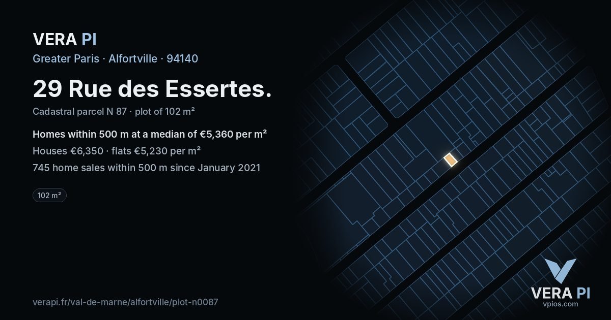 29 Rue des Essertes, Alfortville at night – the plot lit, the parcels around coloured by the prices near them