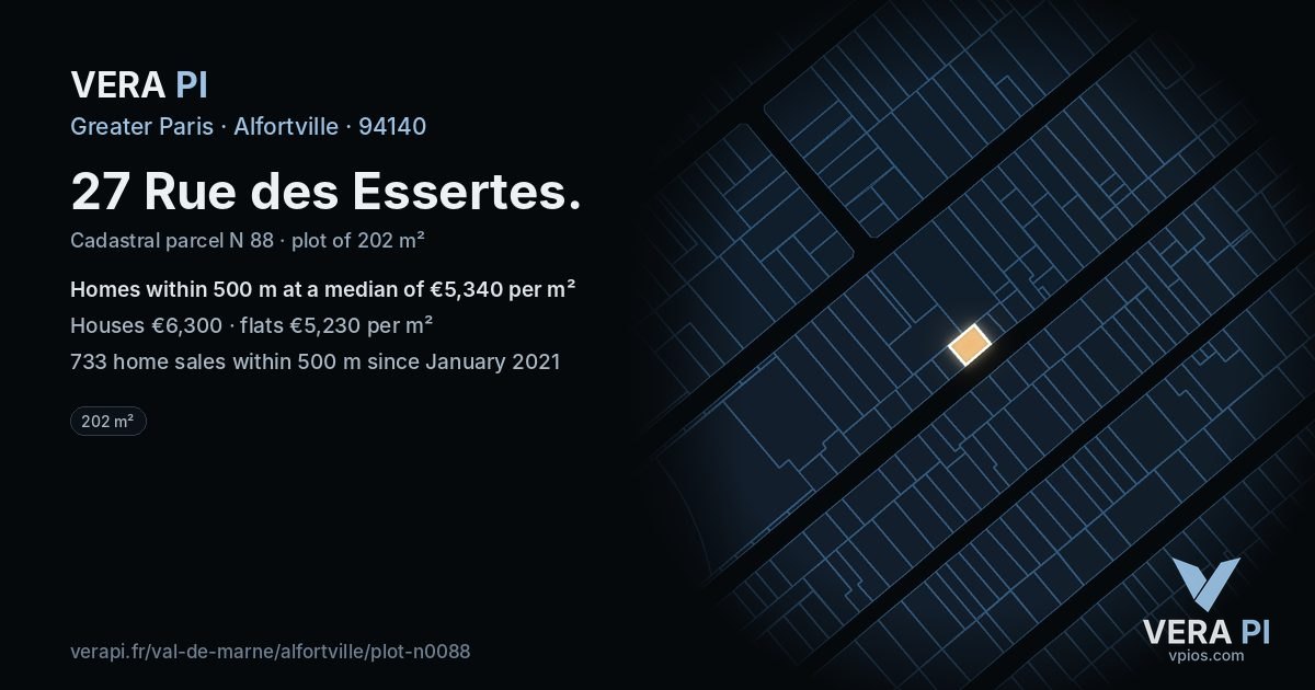 27 Rue des Essertes, Alfortville at night – the plot lit, the parcels around coloured by the prices near them