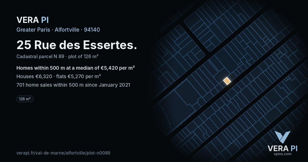 25 Rue des Essertes, Alfortville at night – the plot lit, the parcels around coloured by the prices near them