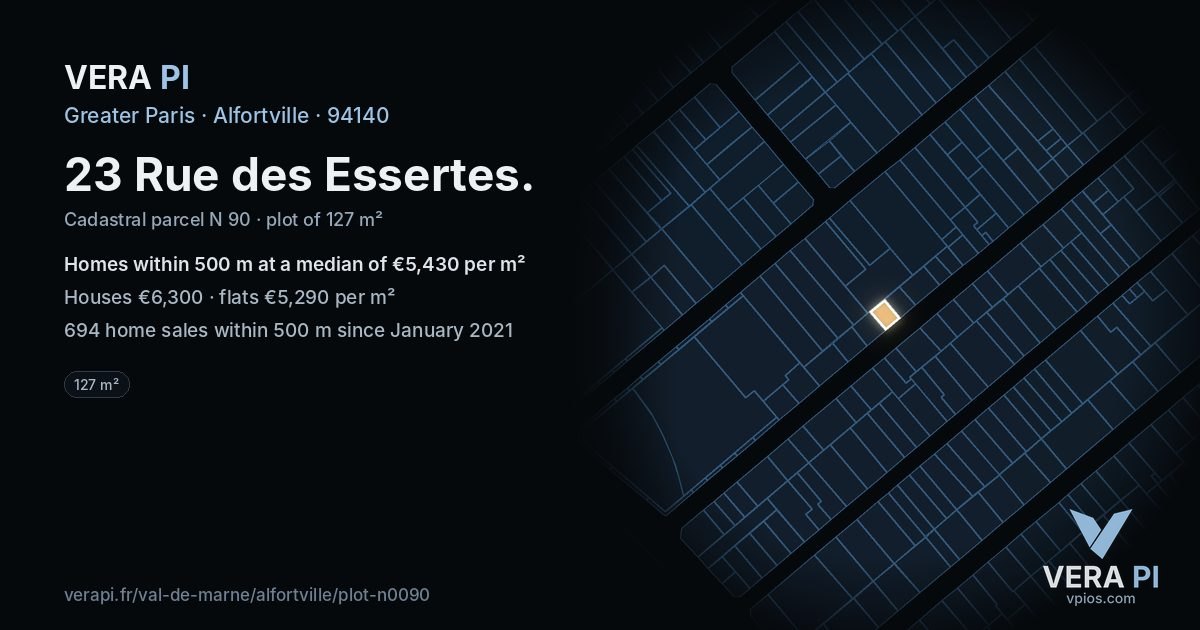 23 Rue des Essertes, Alfortville at night – the plot lit, the parcels around coloured by the prices near them