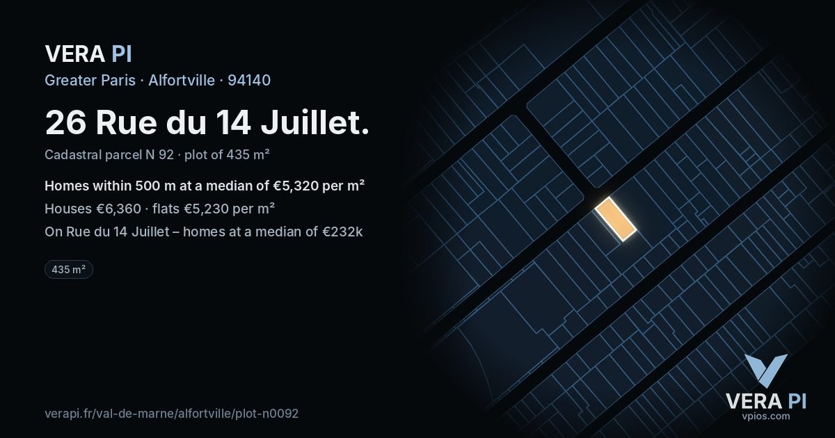 26 Rue du 14 Juillet, Alfortville at night – the plot lit, the parcels around coloured by the prices near them