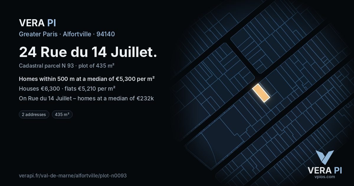 24 Rue du 14 Juillet, Alfortville at night – the plot lit, the parcels around coloured by the prices near them