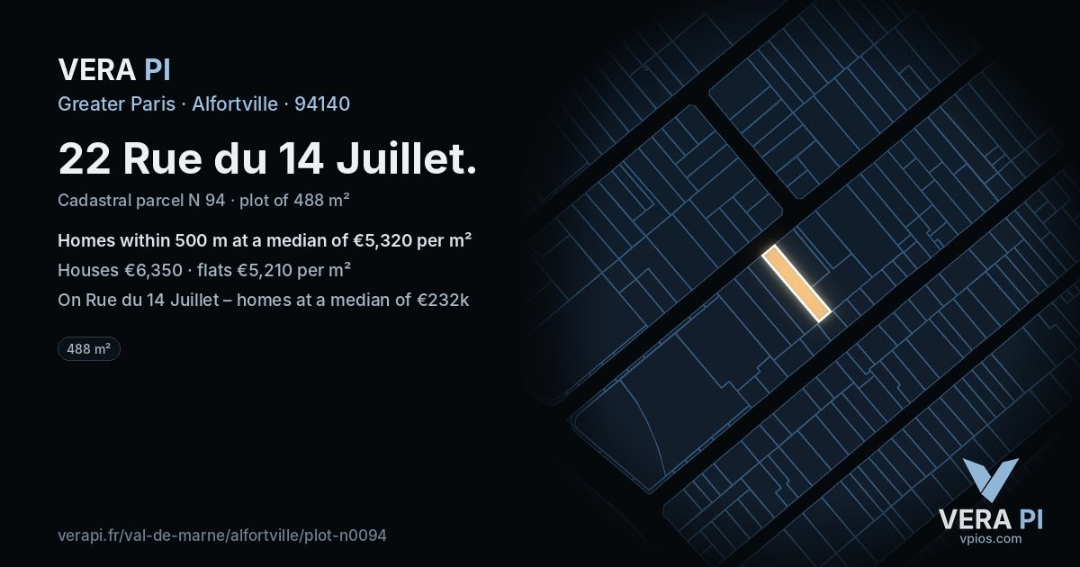 22 Rue du 14 Juillet, Alfortville at night – the plot lit, the parcels around coloured by the prices near them