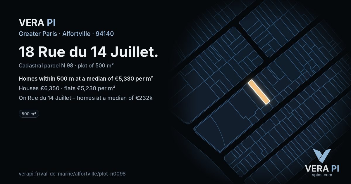 18 Rue du 14 Juillet, Alfortville at night – the plot lit, the parcels around coloured by the prices near them