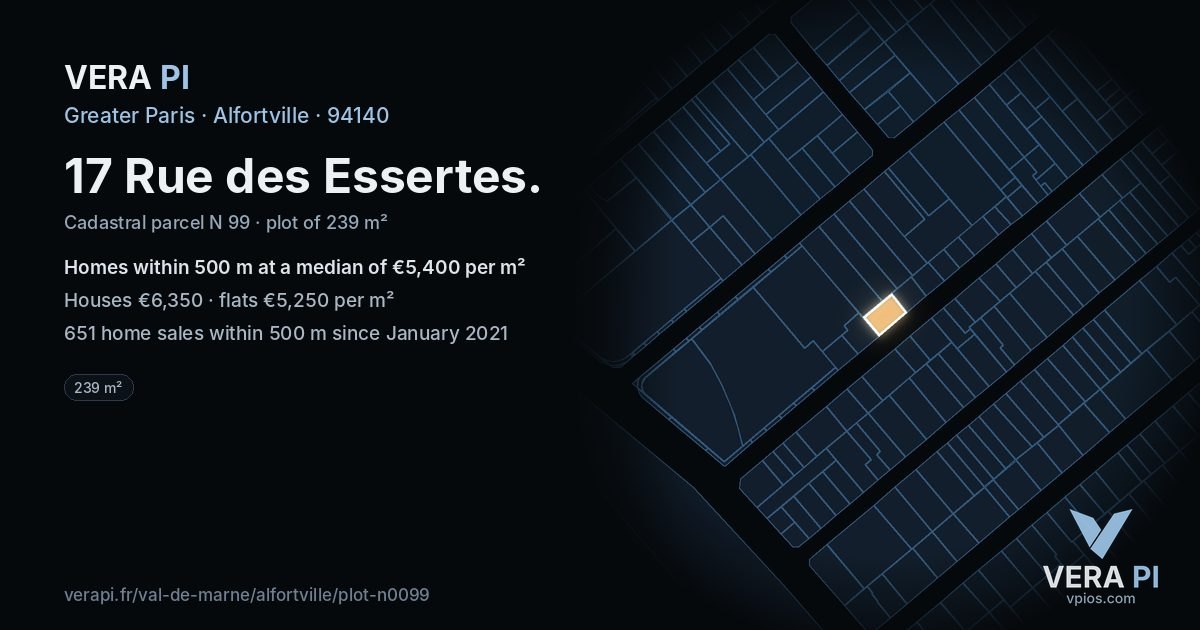 17 Rue des Essertes, Alfortville at night – the plot lit, the parcels around coloured by the prices near them