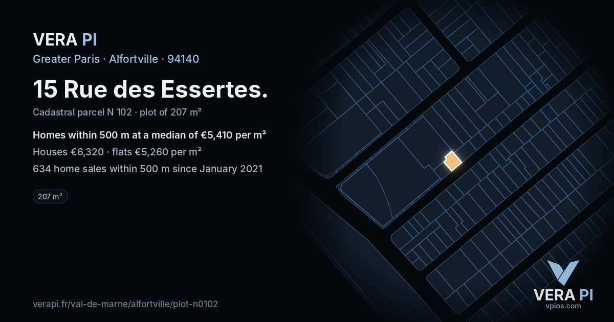 15 Rue des Essertes, Alfortville at night – the plot lit, the parcels around coloured by the prices near them