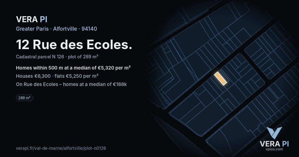 12 Rue des Ecoles, Alfortville at night – the plot lit, the parcels around coloured by the prices near them