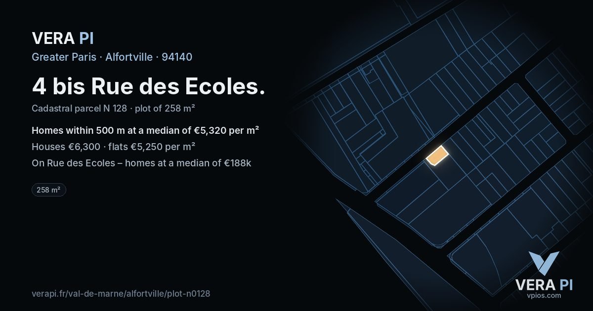 4 bis Rue des Ecoles, Alfortville at night – the plot lit, the parcels around coloured by the prices near them