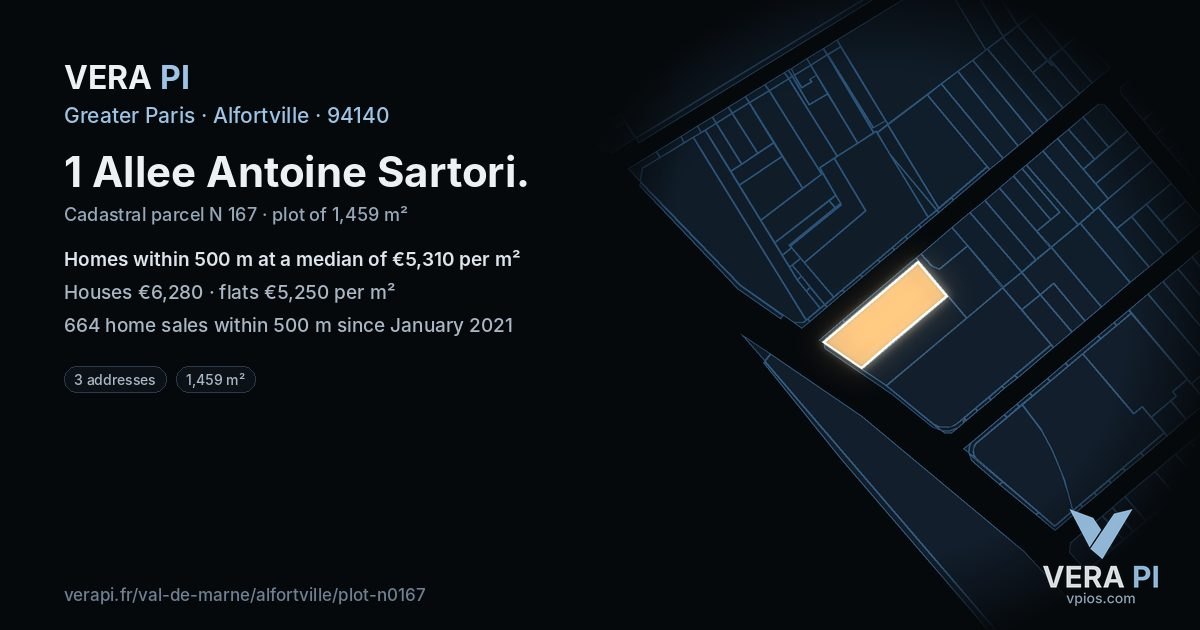 1 Allee Antoine Sartori, Alfortville at night – the plot lit, the parcels around coloured by the prices near them