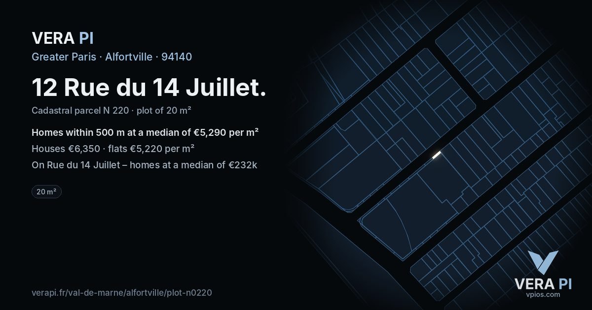 12 Rue du 14 Juillet, Alfortville at night – the plot lit, the parcels around coloured by the prices near them