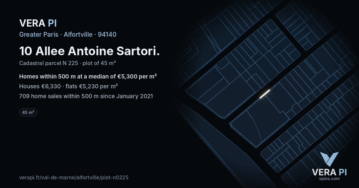 10 Allee Antoine Sartori, Alfortville at night – the plot lit, the parcels around coloured by the prices near them