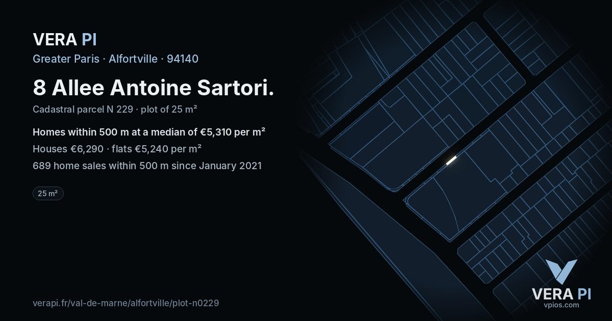 8 Allee Antoine Sartori, Alfortville at night – the plot lit, the parcels around coloured by the prices near them