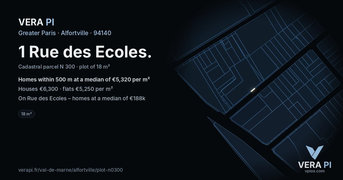 1 Rue des Ecoles, Alfortville at night – the plot lit, the parcels around coloured by the prices near them