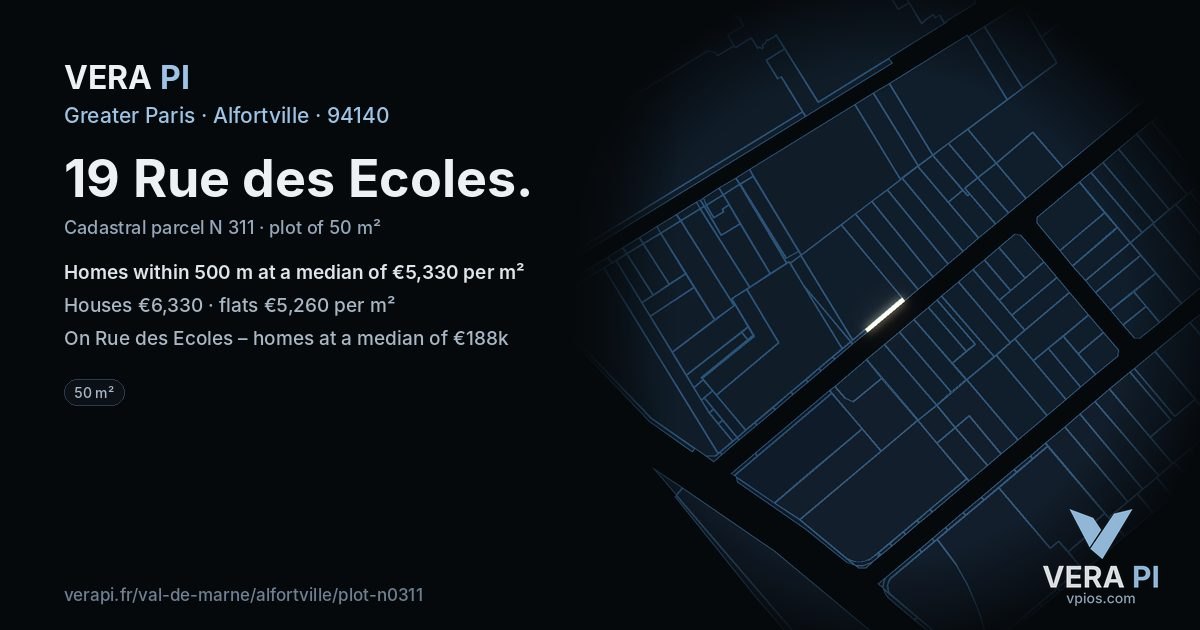 19 Rue des Ecoles, Alfortville at night – the plot lit, the parcels around coloured by the prices near them