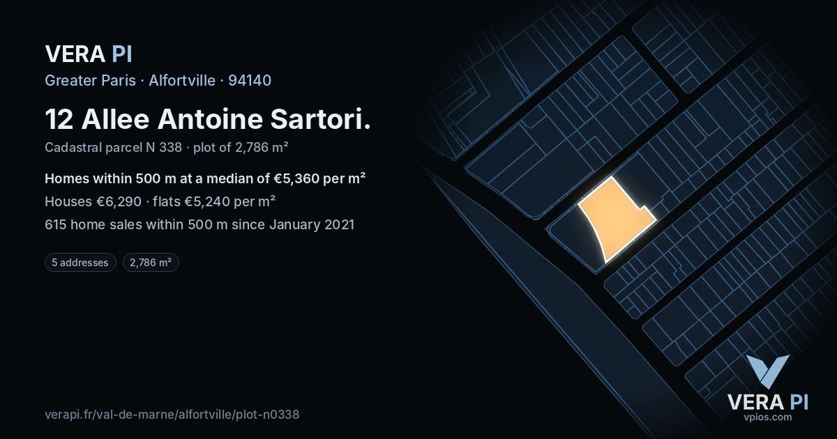12 Allee Antoine Sartori, Alfortville at night – the plot lit, the parcels around coloured by the prices near them