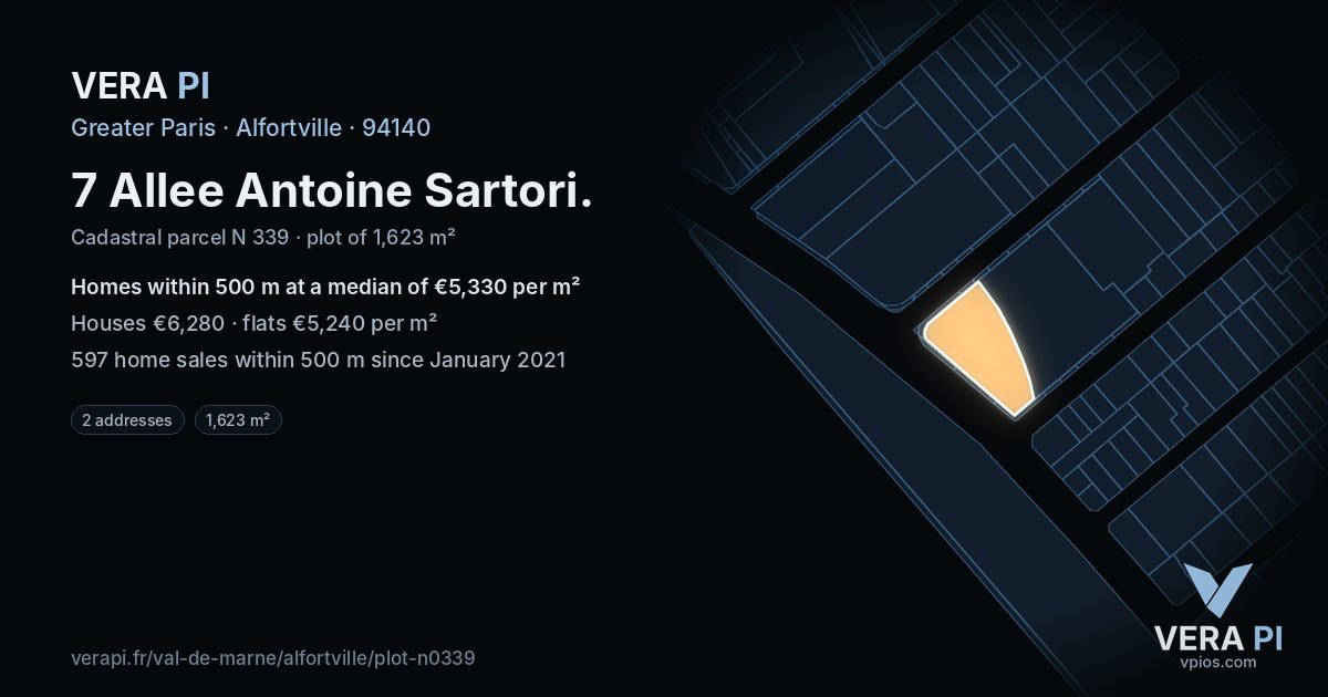 7 Allee Antoine Sartori, Alfortville at night – the plot lit, the parcels around coloured by the prices near them