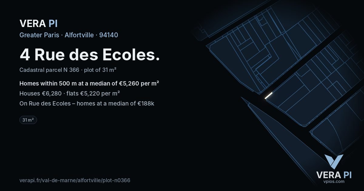 4 Rue des Ecoles, Alfortville at night – the plot lit, the parcels around coloured by the prices near them
