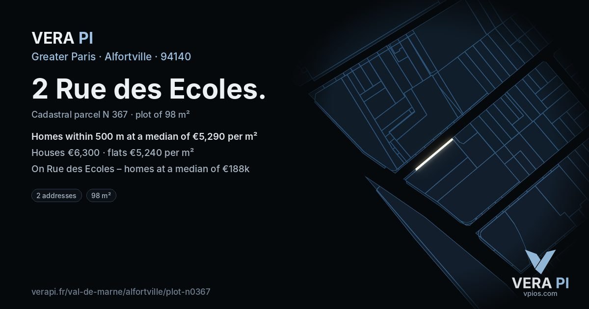 2 Rue des Ecoles, Alfortville at night – the plot lit, the parcels around coloured by the prices near them
