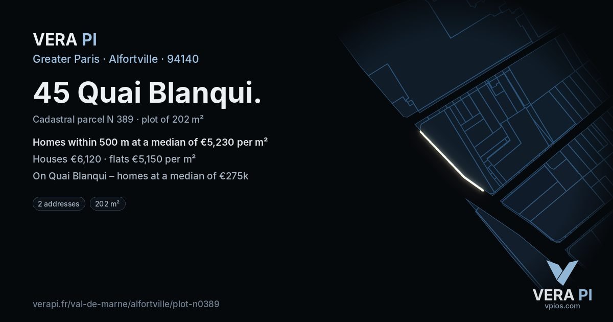 45 Quai Blanqui, Alfortville at night – the plot lit, the parcels around coloured by the prices near them