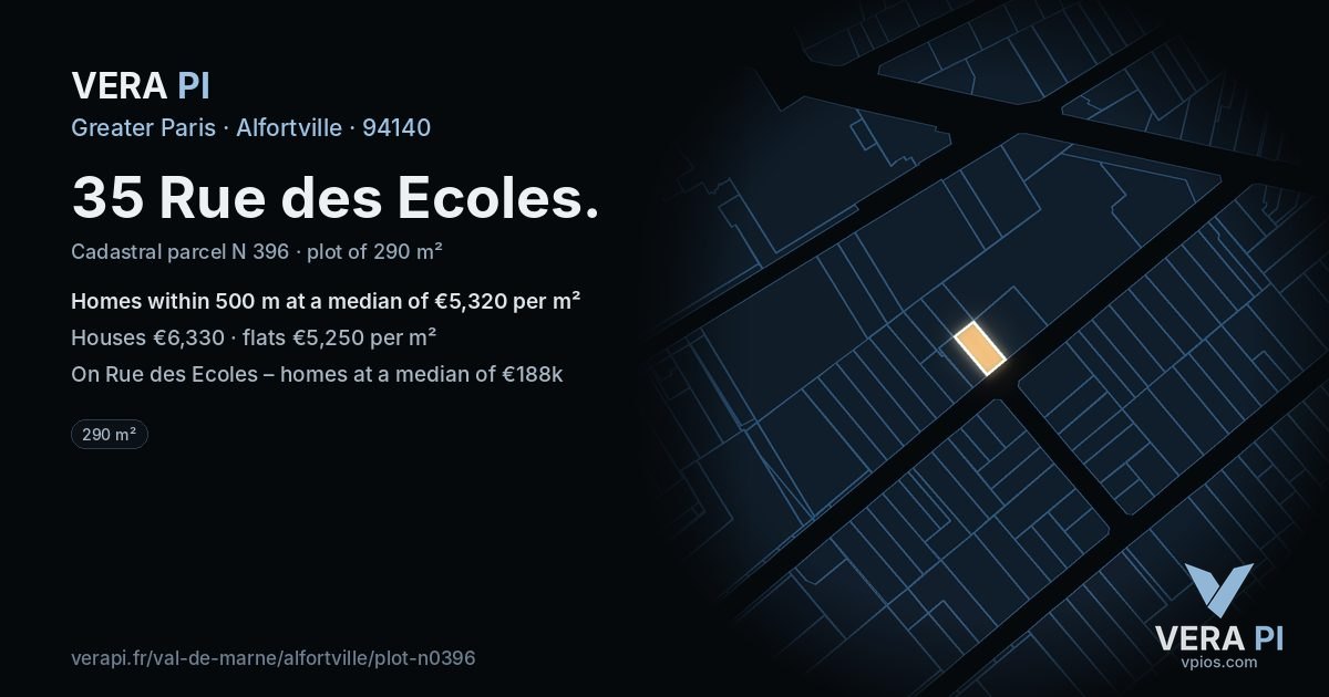 35 Rue des Ecoles, Alfortville at night – the plot lit, the parcels around coloured by the prices near them