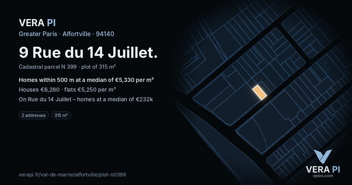9 Rue du 14 Juillet, Alfortville at night – the plot lit, the parcels around coloured by the prices near them