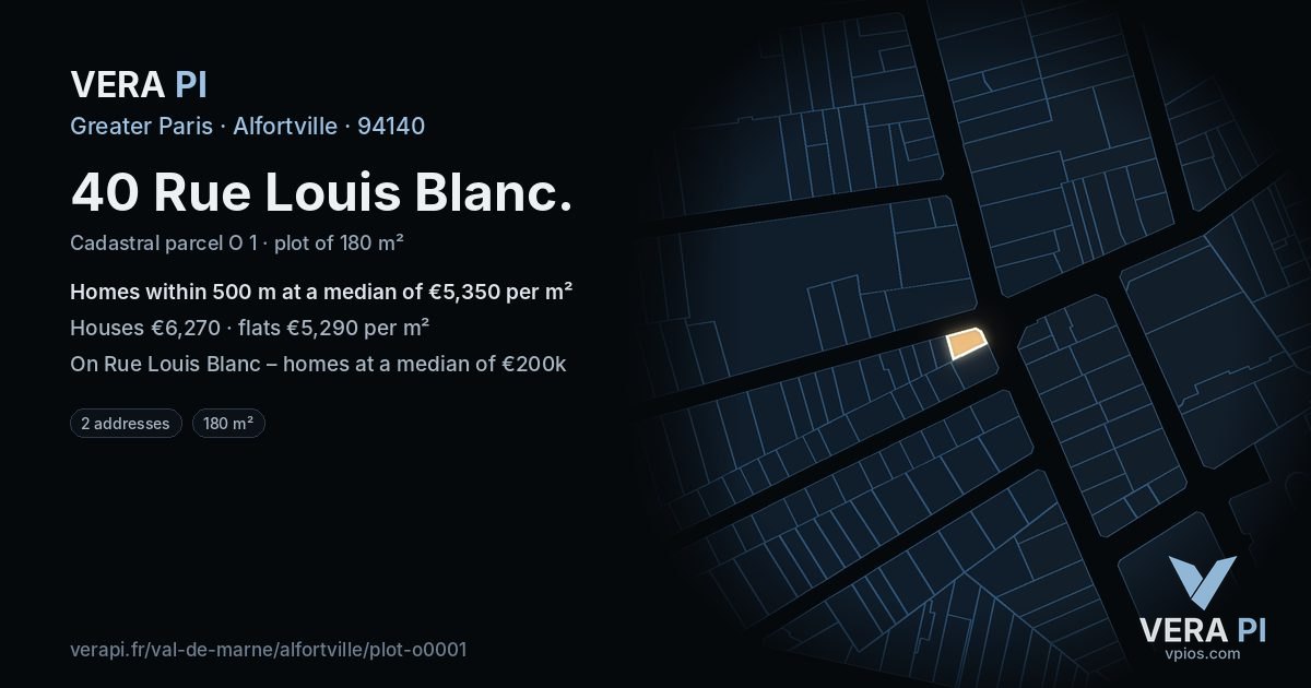 40 Rue Louis Blanc, Alfortville at night – the plot lit, the parcels around coloured by the prices near them