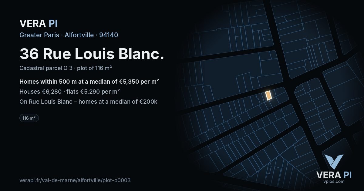 36 Rue Louis Blanc, Alfortville at night – the plot lit, the parcels around coloured by the prices near them
