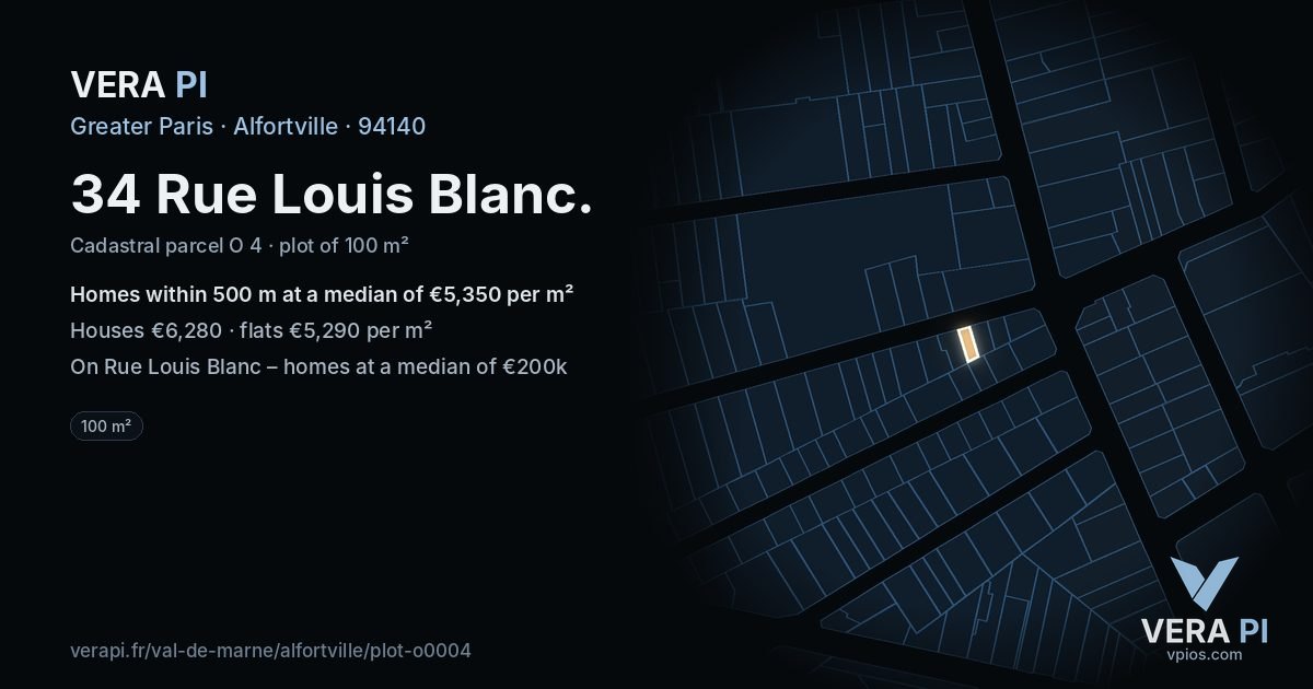 34 Rue Louis Blanc, Alfortville at night – the plot lit, the parcels around coloured by the prices near them