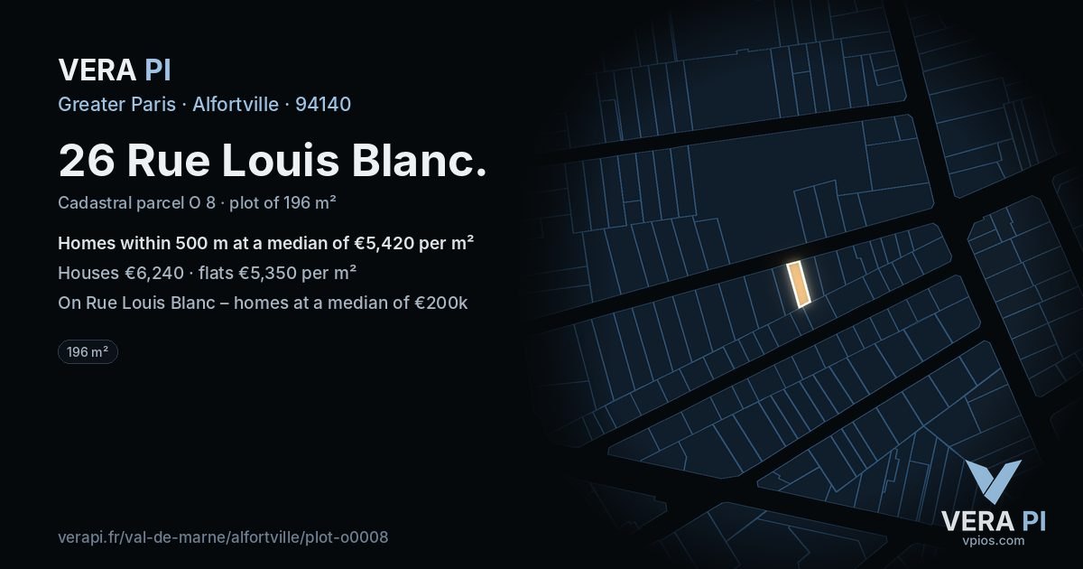 26 Rue Louis Blanc, Alfortville at night – the plot lit, the parcels around coloured by the prices near them