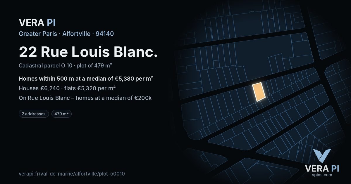 22 Rue Louis Blanc, Alfortville at night – the plot lit, the parcels around coloured by the prices near them