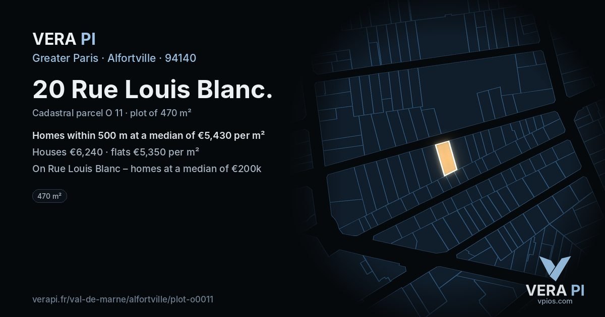 20 Rue Louis Blanc, Alfortville at night – the plot lit, the parcels around coloured by the prices near them